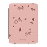 Bike ride Kindle case featuring a pink background with brown bicycle and floral patterns.