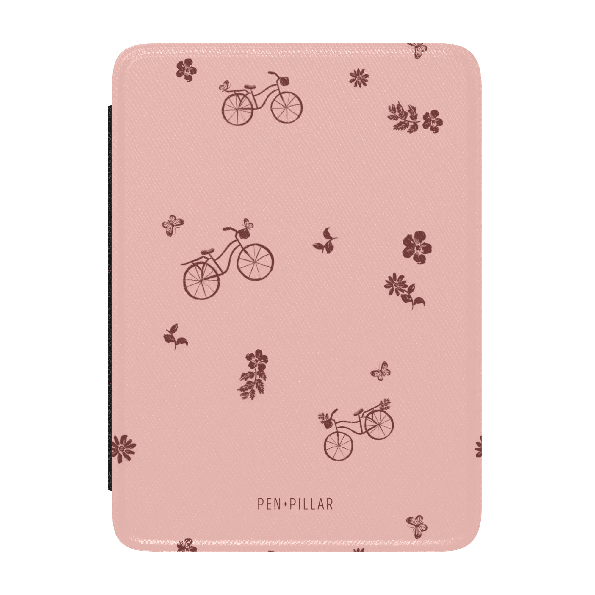 Bike ride Kindle case featuring a pink background with brown bicycle and floral patterns.