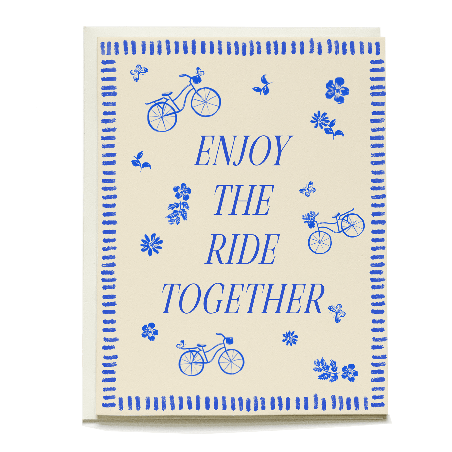 Bike ride wedding card featuring blue bicycles and floral designs with the text "Enjoy the ride together.