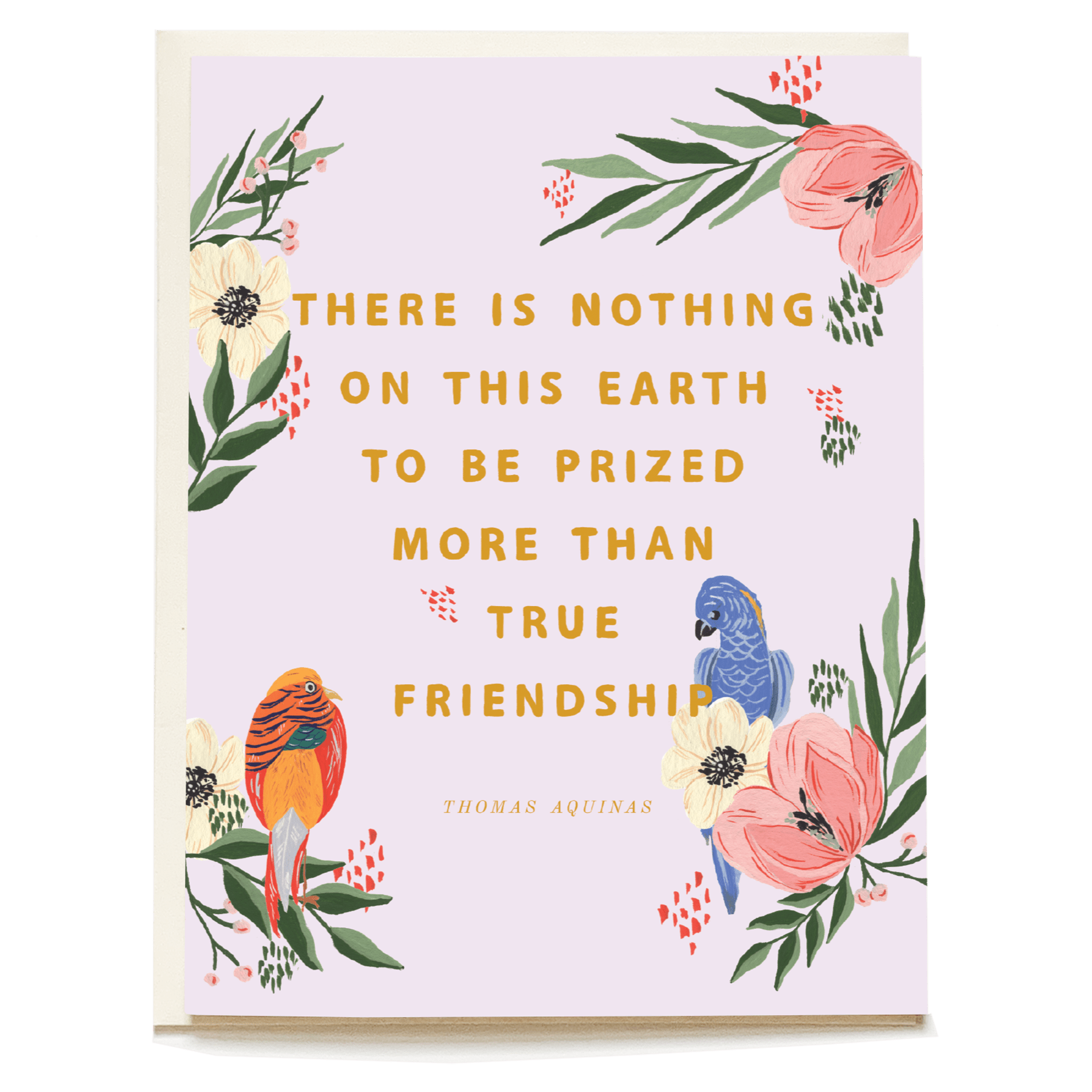 Birds of a Feather friendship card featuring colorful flowers and two birds with the quote about true friendship.