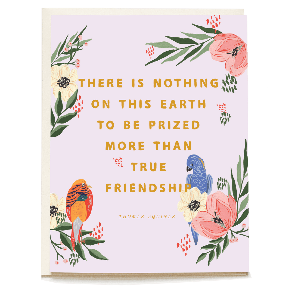 Birds of a Feather friendship card featuring colorful flowers and two birds with the quote about true friendship.