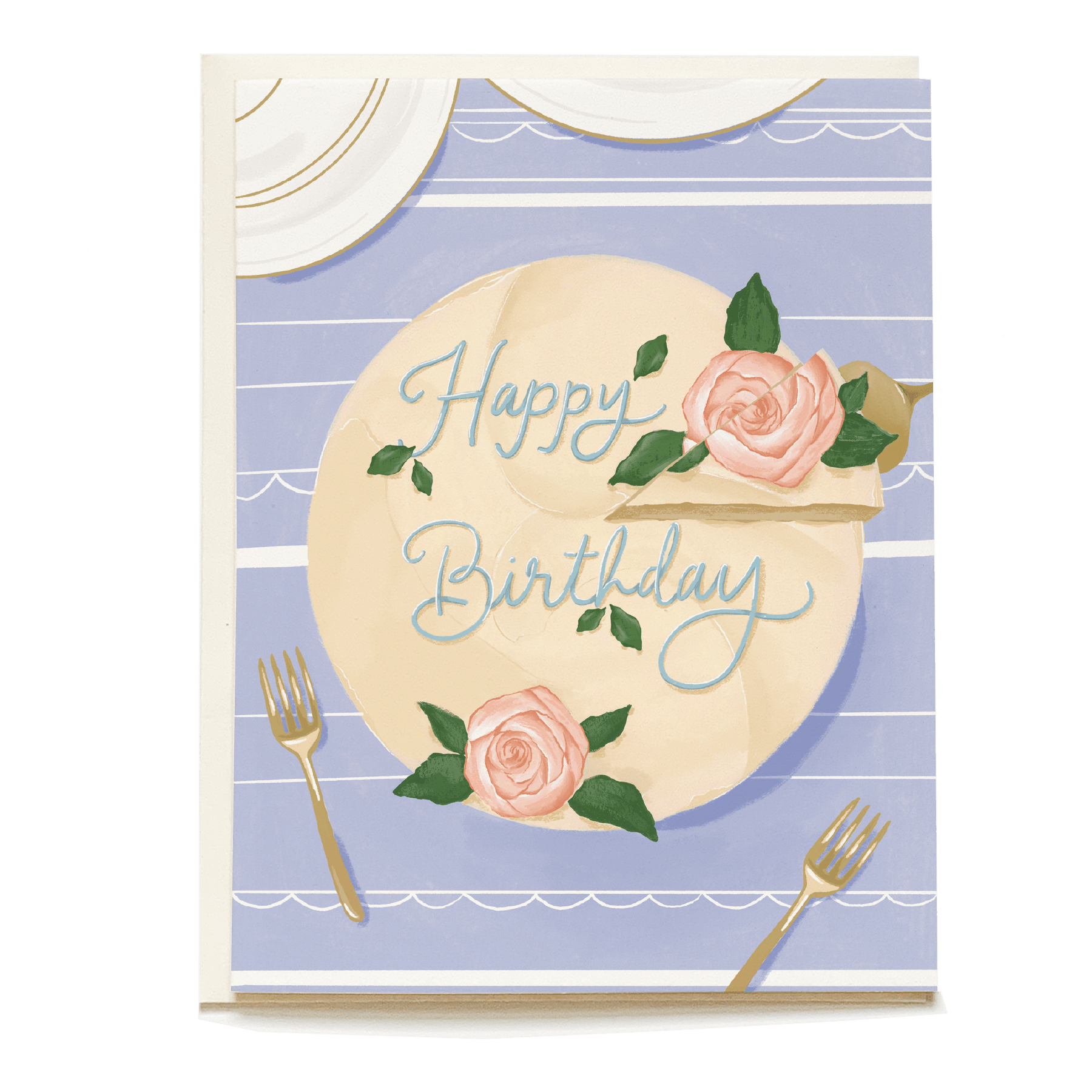 Birthday cake card featuring a pastel cake with pink roses and "Happy Birthday" text on a light blue background.
