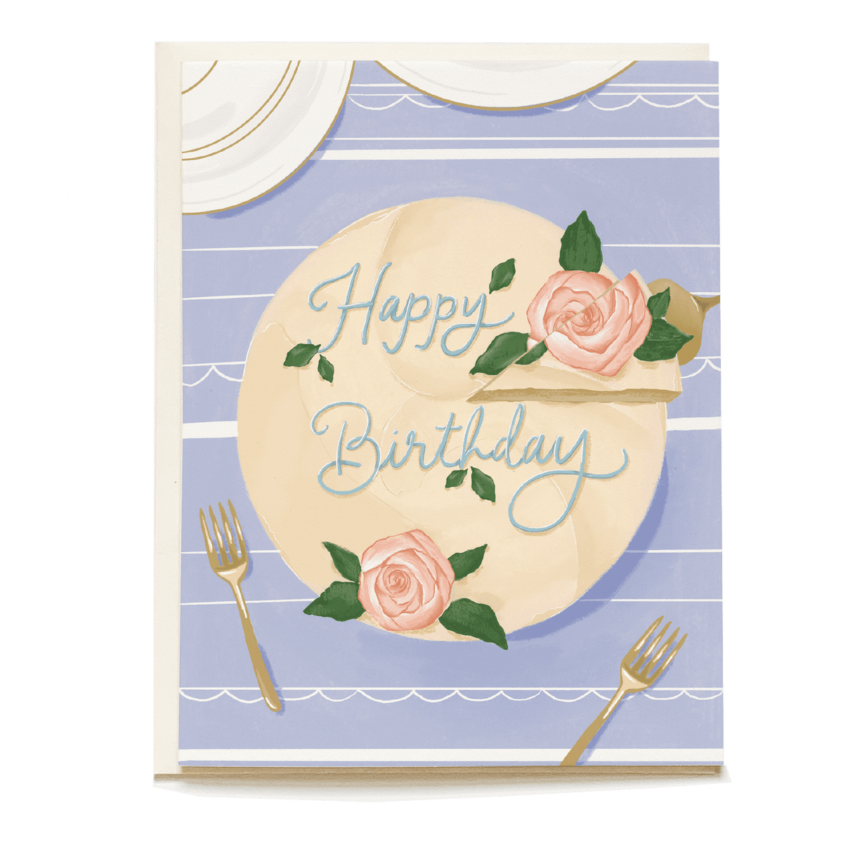 Birthday cake card featuring a pastel cake with pink roses and "Happy Birthday" text on a light blue background.