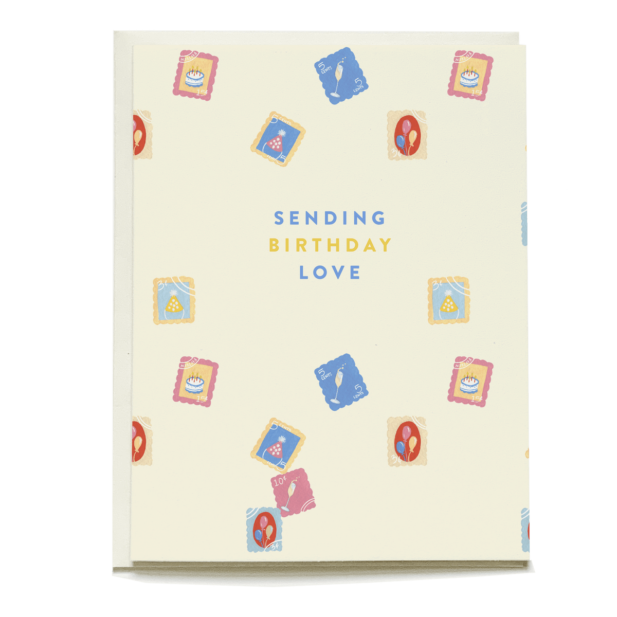 Birthday stamps card featuring colorful stamps and the text "Sending birthday love" on a cream background.