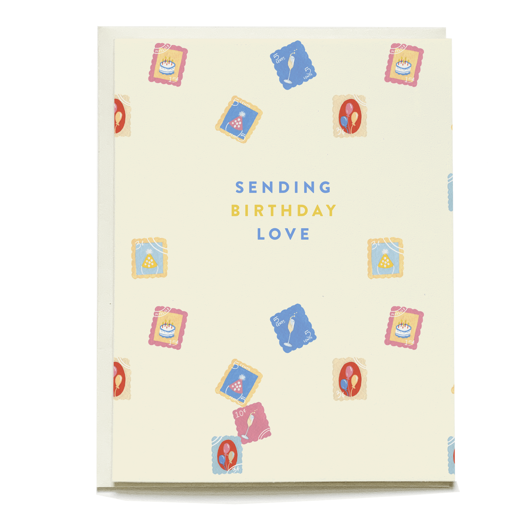 Birthday stamps card featuring colorful stamps and the text "Sending birthday love" on a cream background.