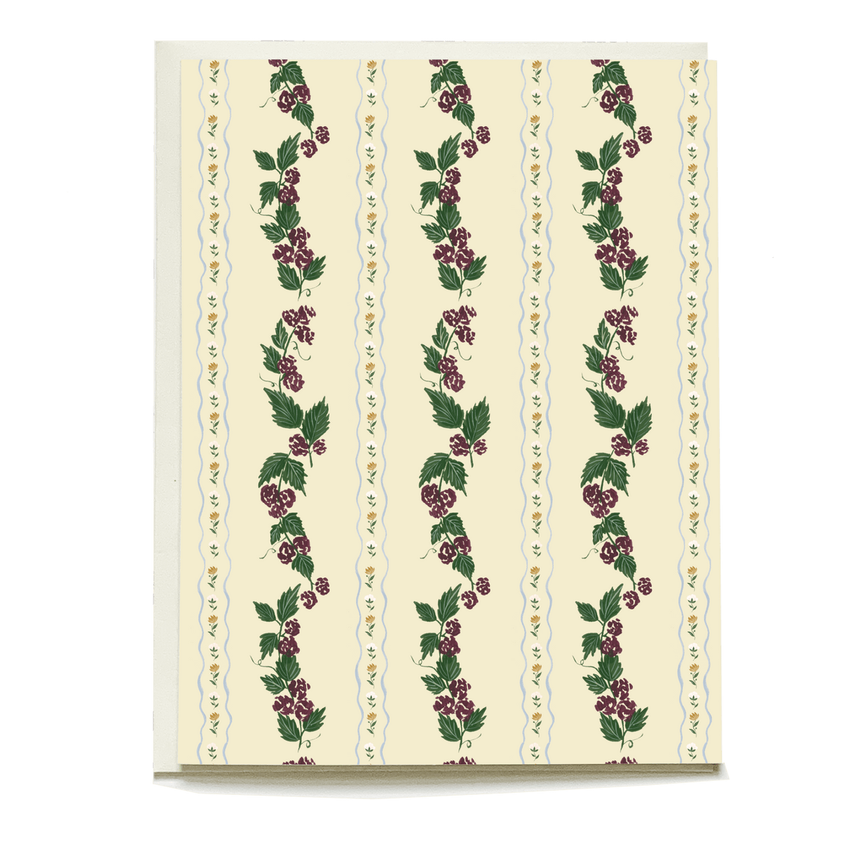 Blank card featuring a floral design with blackberries and green leaves on a cream background.