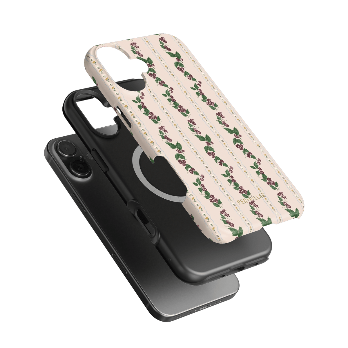 Blackberry iPhone case featuring a floral design on a light background with a black case underneath.