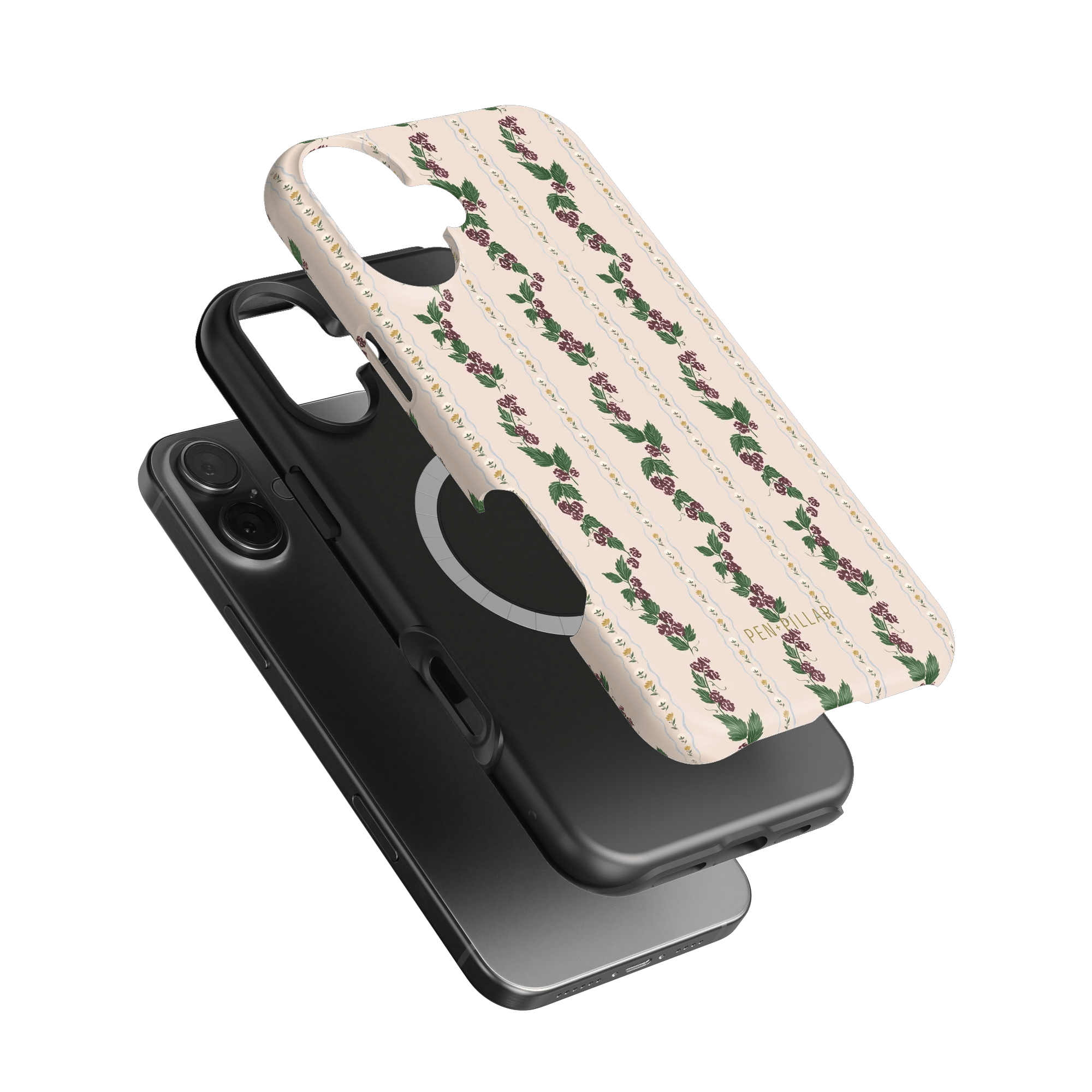 Blackberry iPhone case featuring a floral design on a light background with a black case underneath.