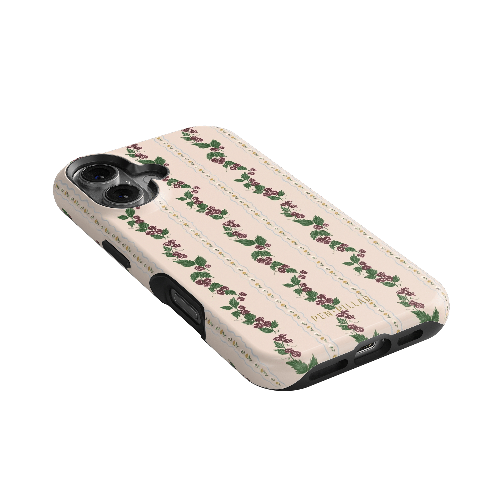 Blackberry iPhone case featuring a floral pattern with roses on a cream background, showing the side and camera cutouts.