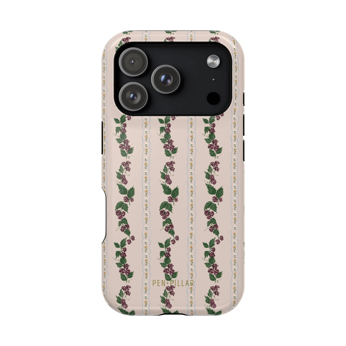 Blackberry iPhone case featuring a floral pattern with roses on a light background and black edges.
