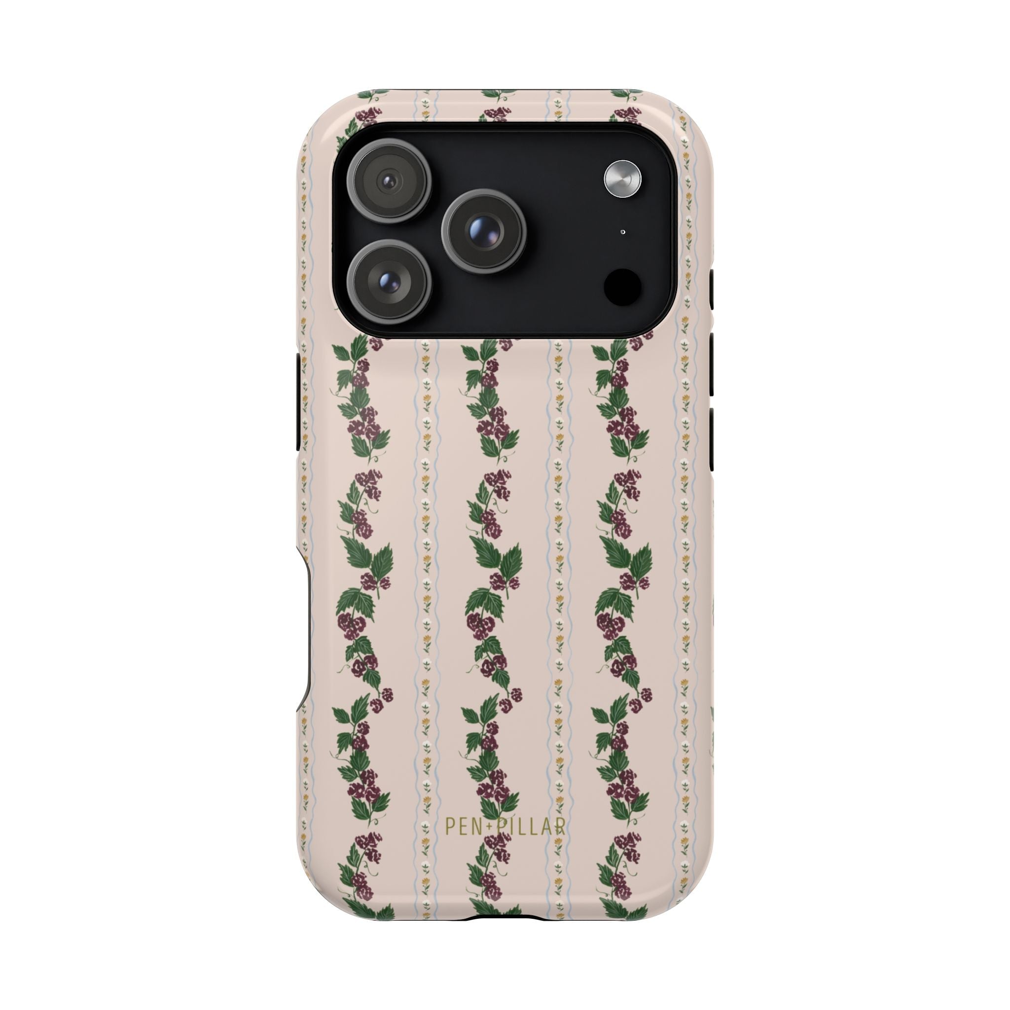 Blackberry iPhone case featuring a floral pattern with roses on a light background and black edges.