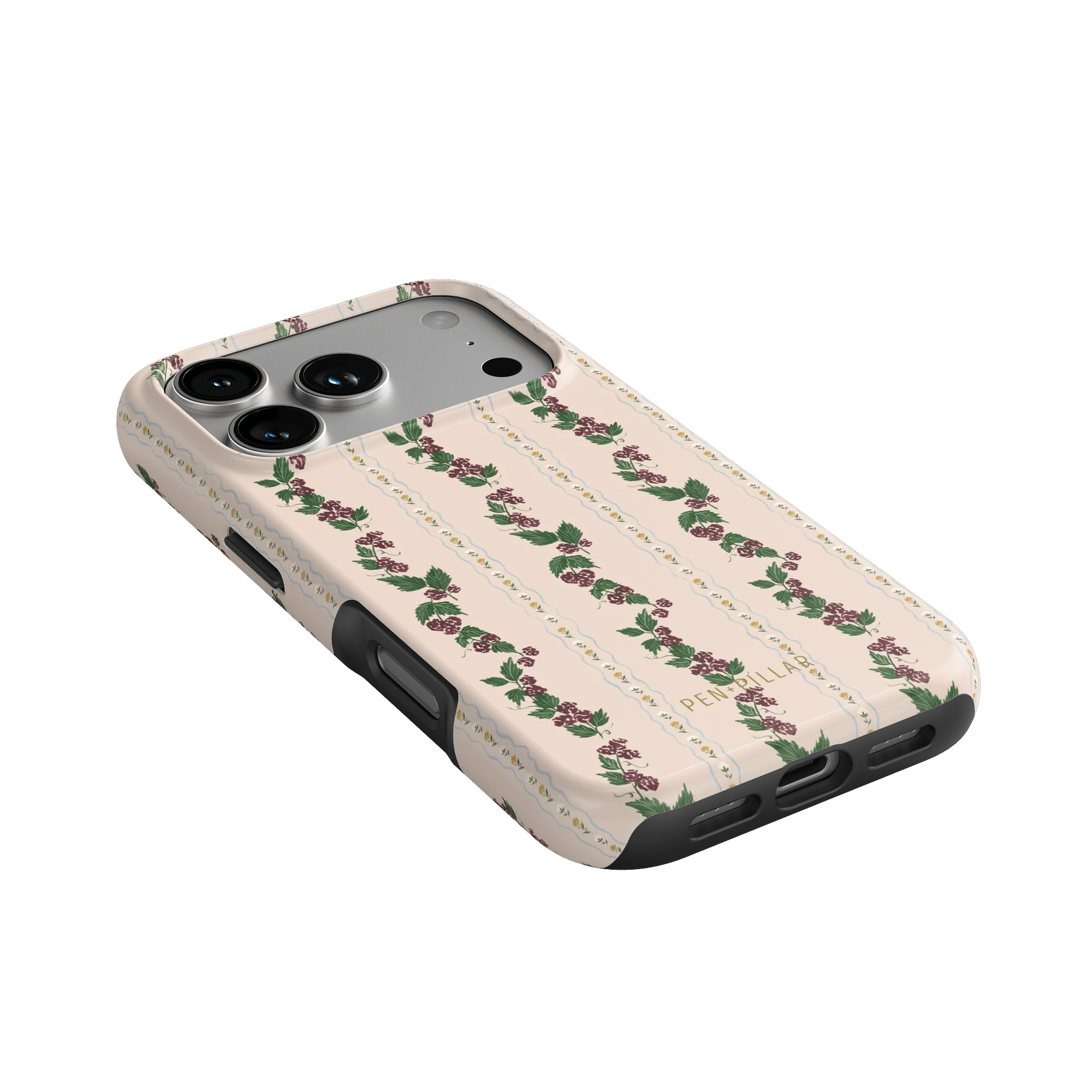 Blackberry iPhone case featuring a floral design with pink roses on a cream background, angled view showing camera cutout.