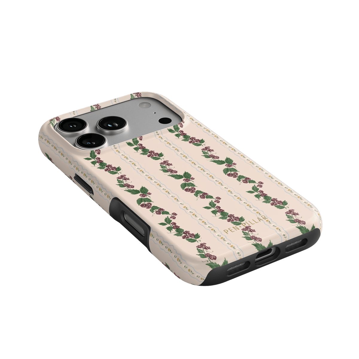 Blackberry iPhone case featuring a floral design with pink roses on a cream background, angled view showing camera cutout.