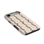 Blackberry iPhone case featuring a floral design with roses on a cream background and a black rubber edge.