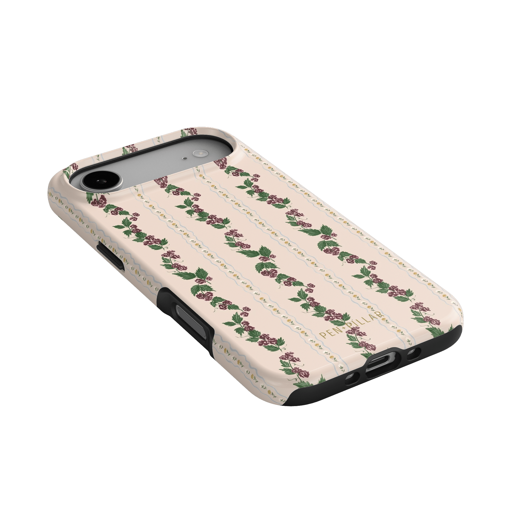 Blackberry iPhone case featuring a floral design with roses on a cream background and a black rubber edge.