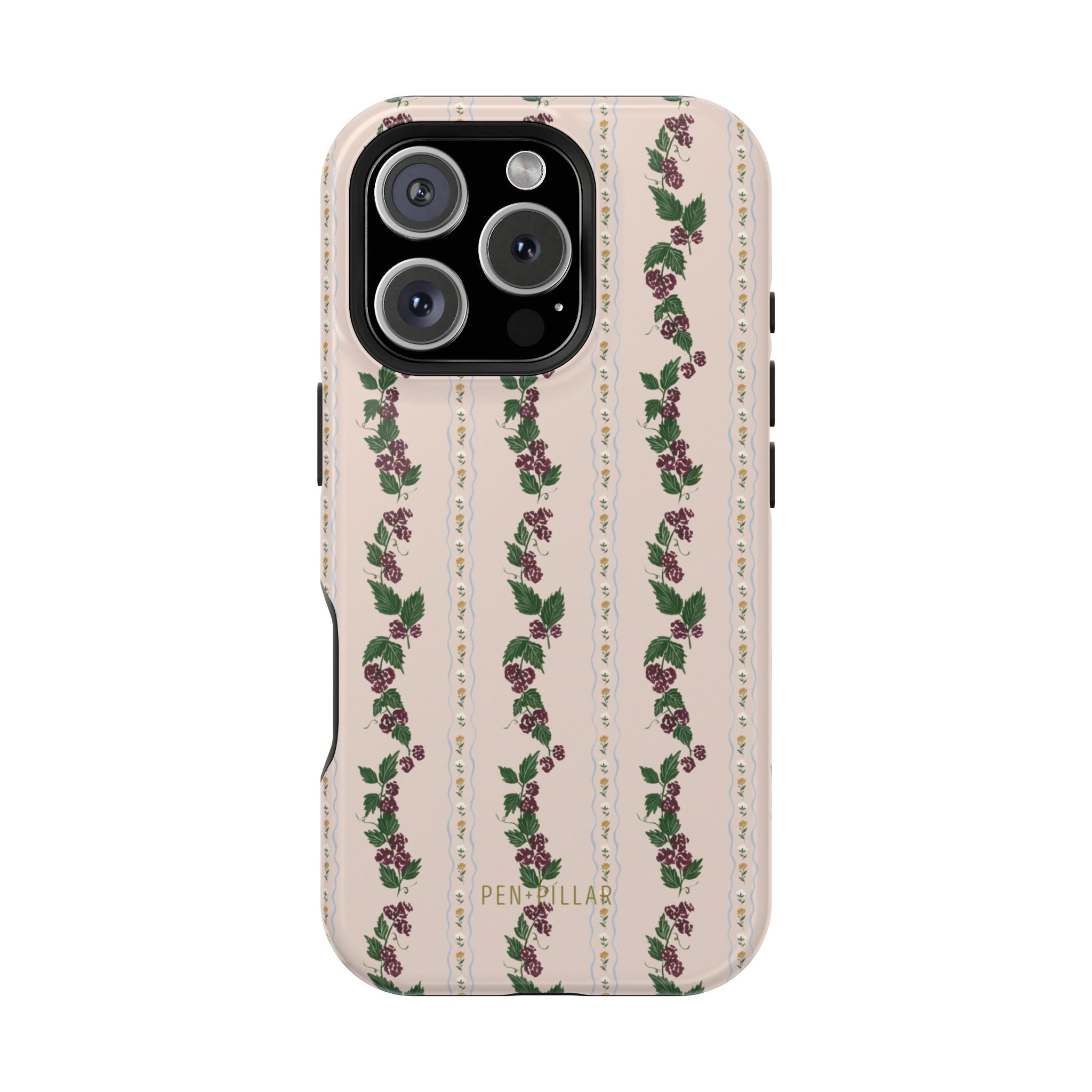 Blackberry iPhone case featuring a floral design with purple roses on a light pink background.