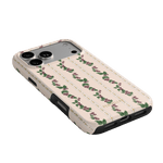 Blackberry iPhone case featuring a floral design with roses on a light pink background, angled to show side and back.