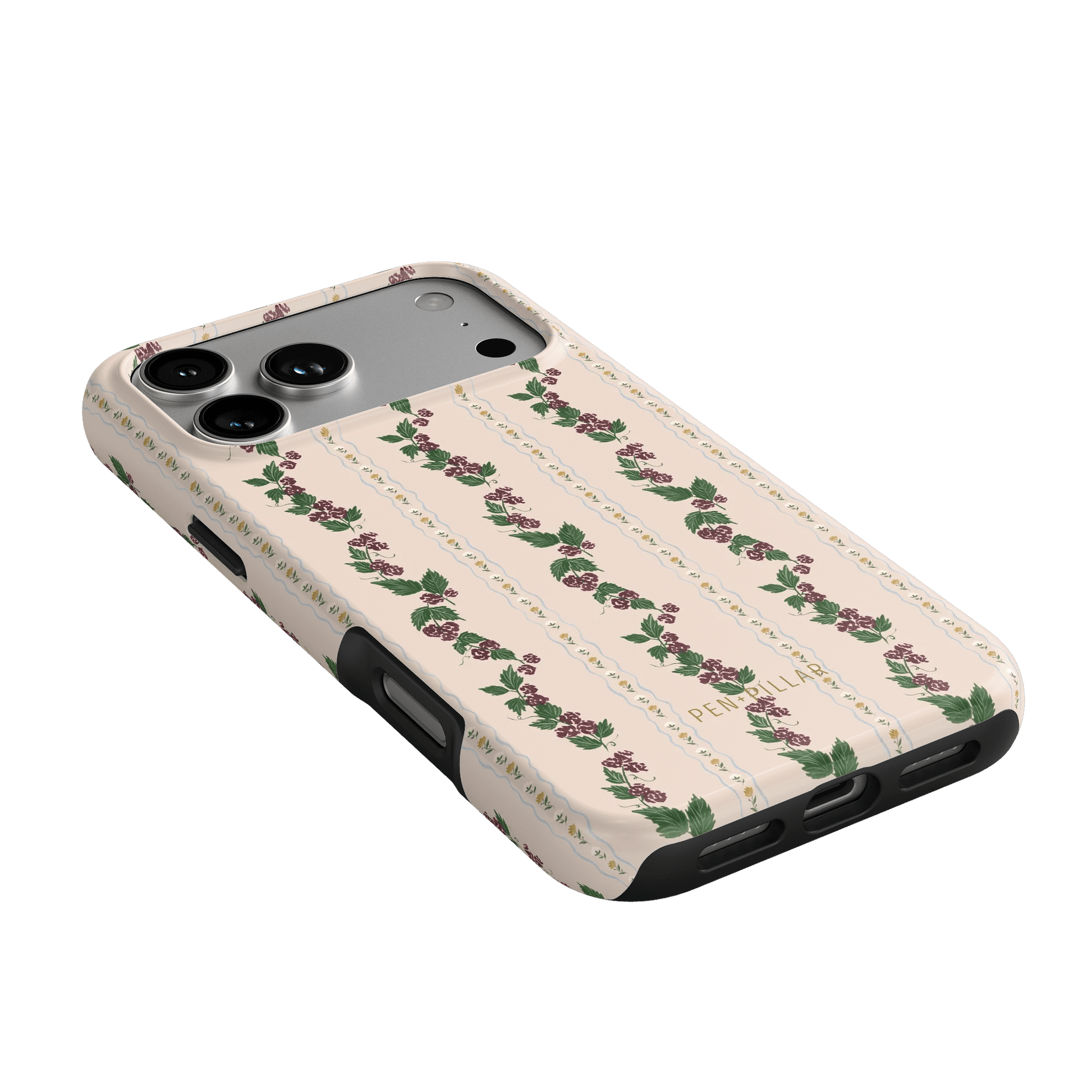 Blackberry iPhone case featuring a floral design with roses on a light pink background, angled to show side and back.