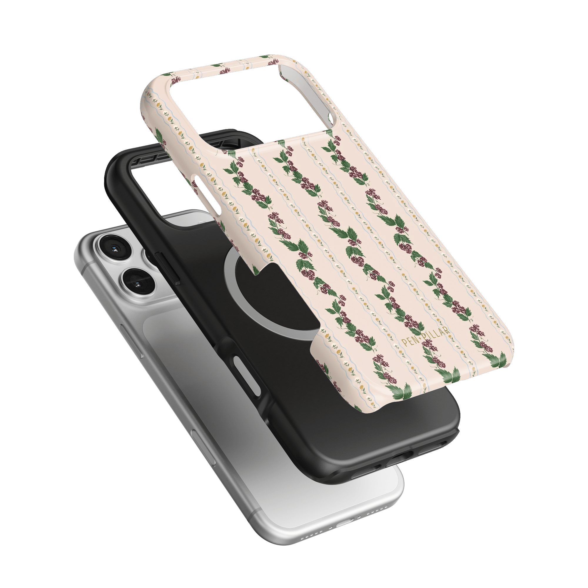 Blackberry iPhone case featuring a floral design on a light background, layered over a black and silver case.