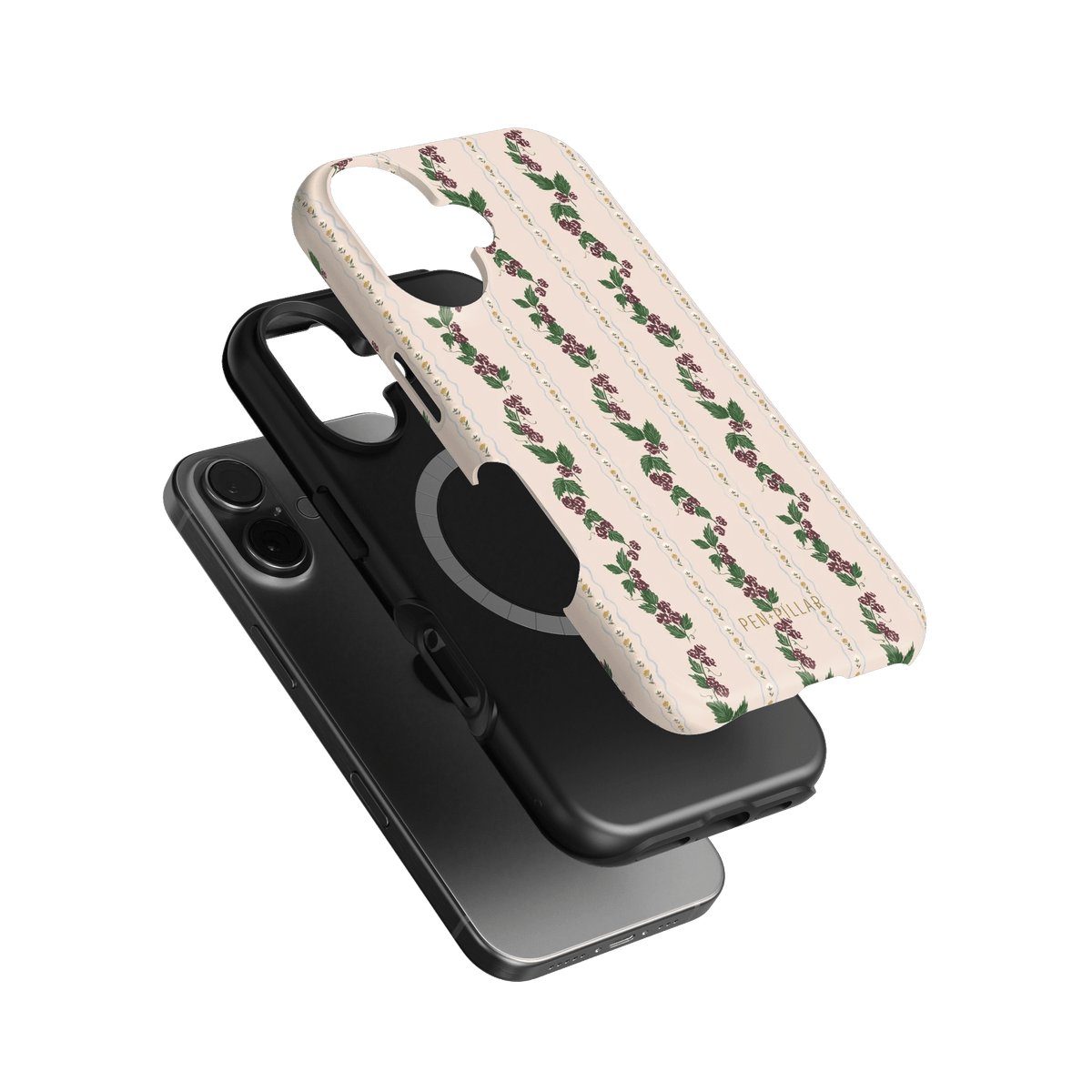 Blackberry iPhone case featuring a floral design on a light background with a black protective layer underneath.