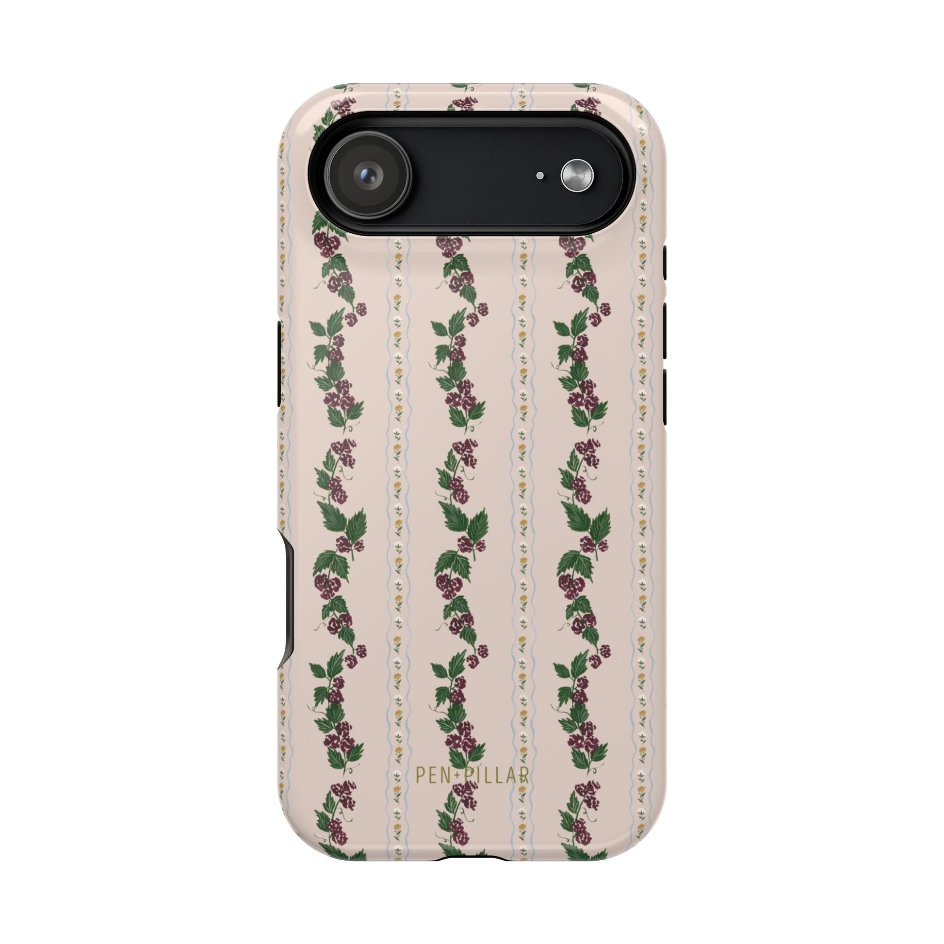 Blackberry iPhone case featuring a floral pattern with roses on a light background and a black camera cutout.