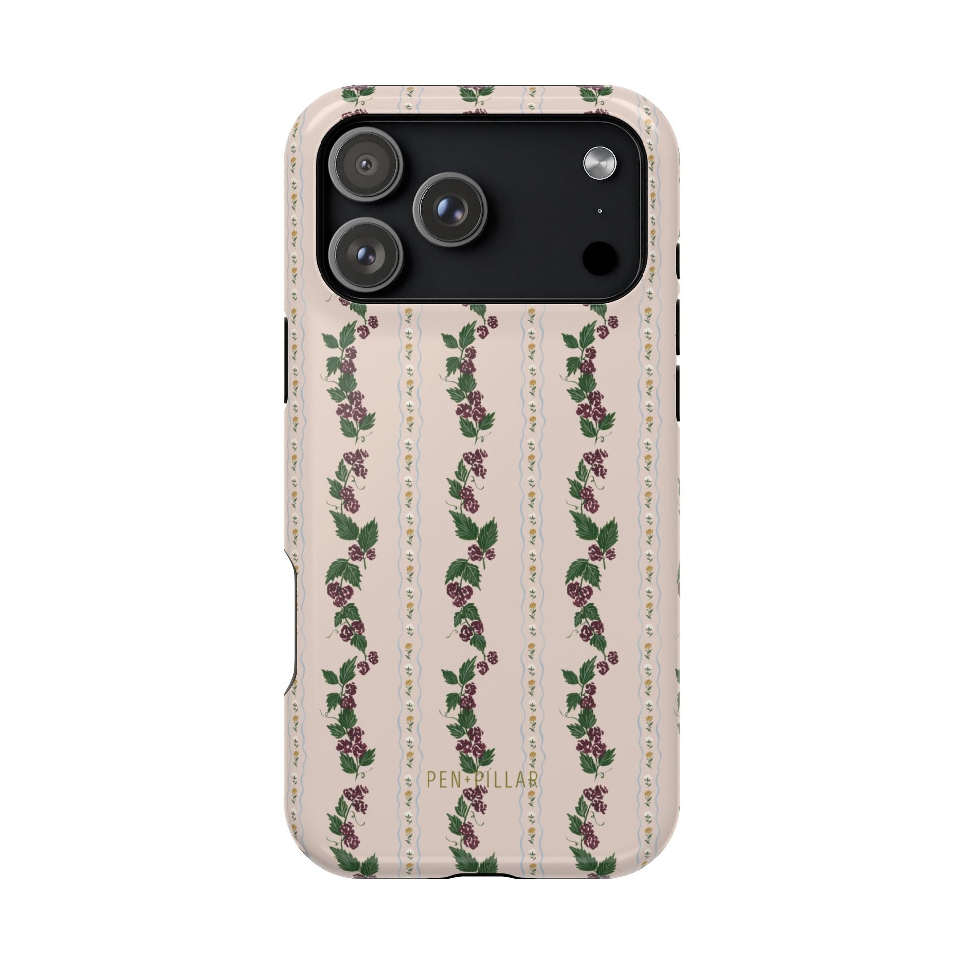 Blackberry iPhone case featuring a floral pattern with purple flowers and green leaves on a light background.