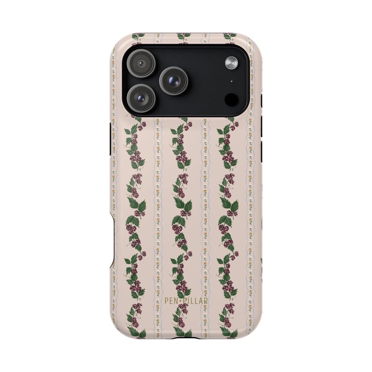 Blackberry iPhone case featuring a floral pattern with purple flowers and green leaves on a light background.