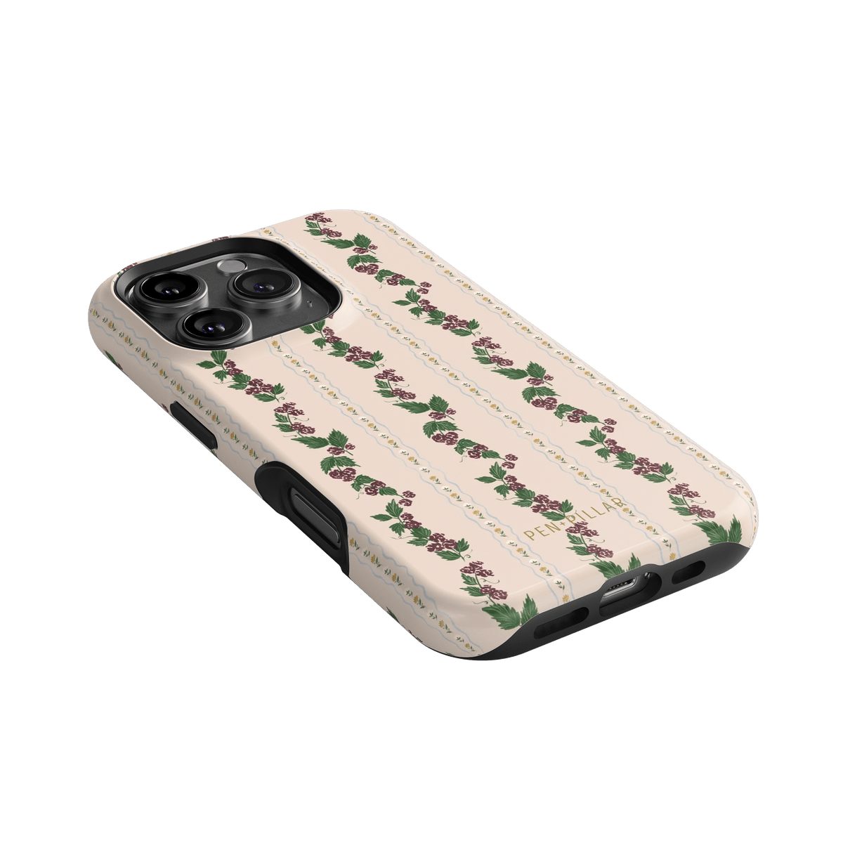 Blackberry iPhone case featuring a floral design with roses on a cream background, angled view showing buttons and camera ...