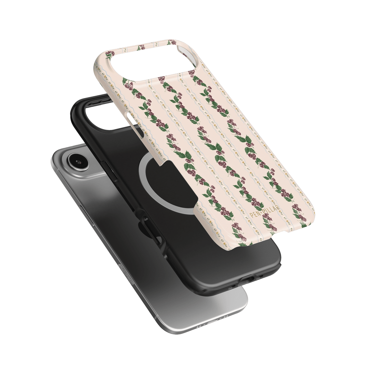 Blackberry iPhone case featuring a floral design on a cream background, layered over a black phone case.