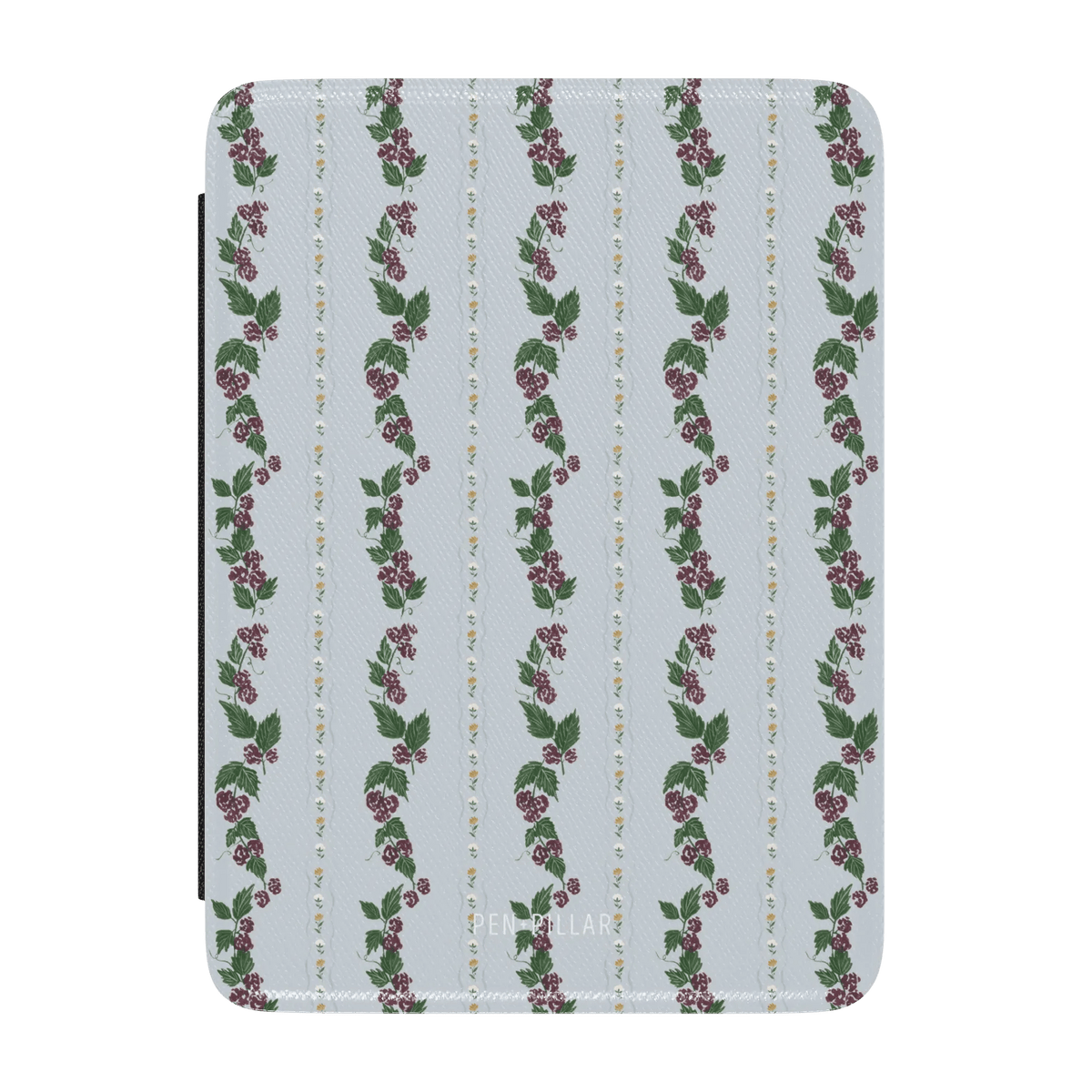 Blackberry Kindle case featuring a floral pattern with vines and berries on a light blue background.