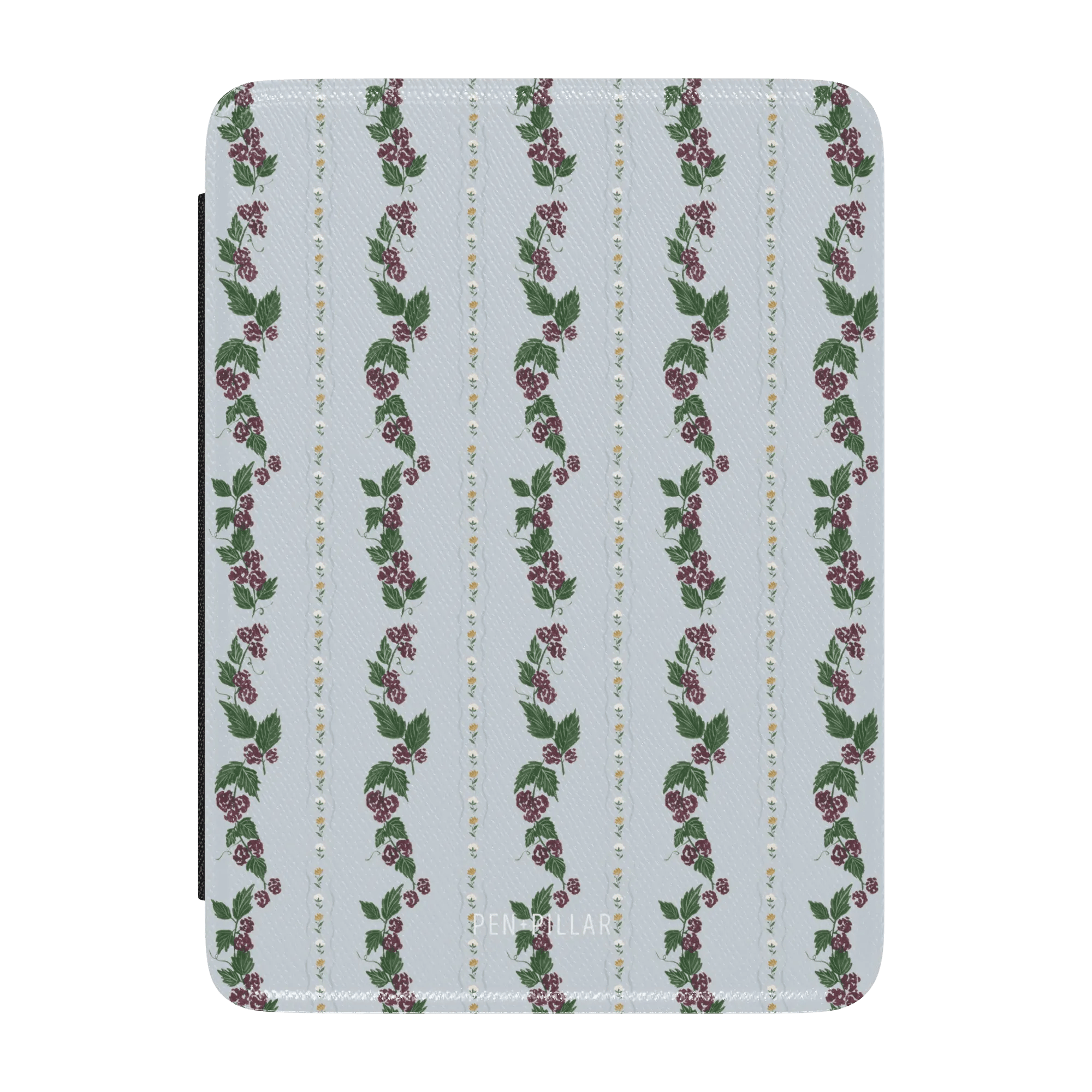Blackberry Kindle case featuring a floral pattern with vines and berries on a light blue background.