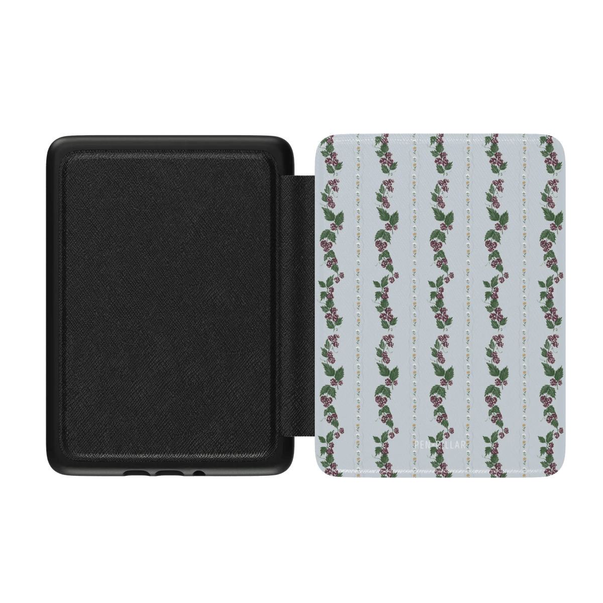 Blackberry Kindle case with a floral pattern on a light blue background and a black interior.