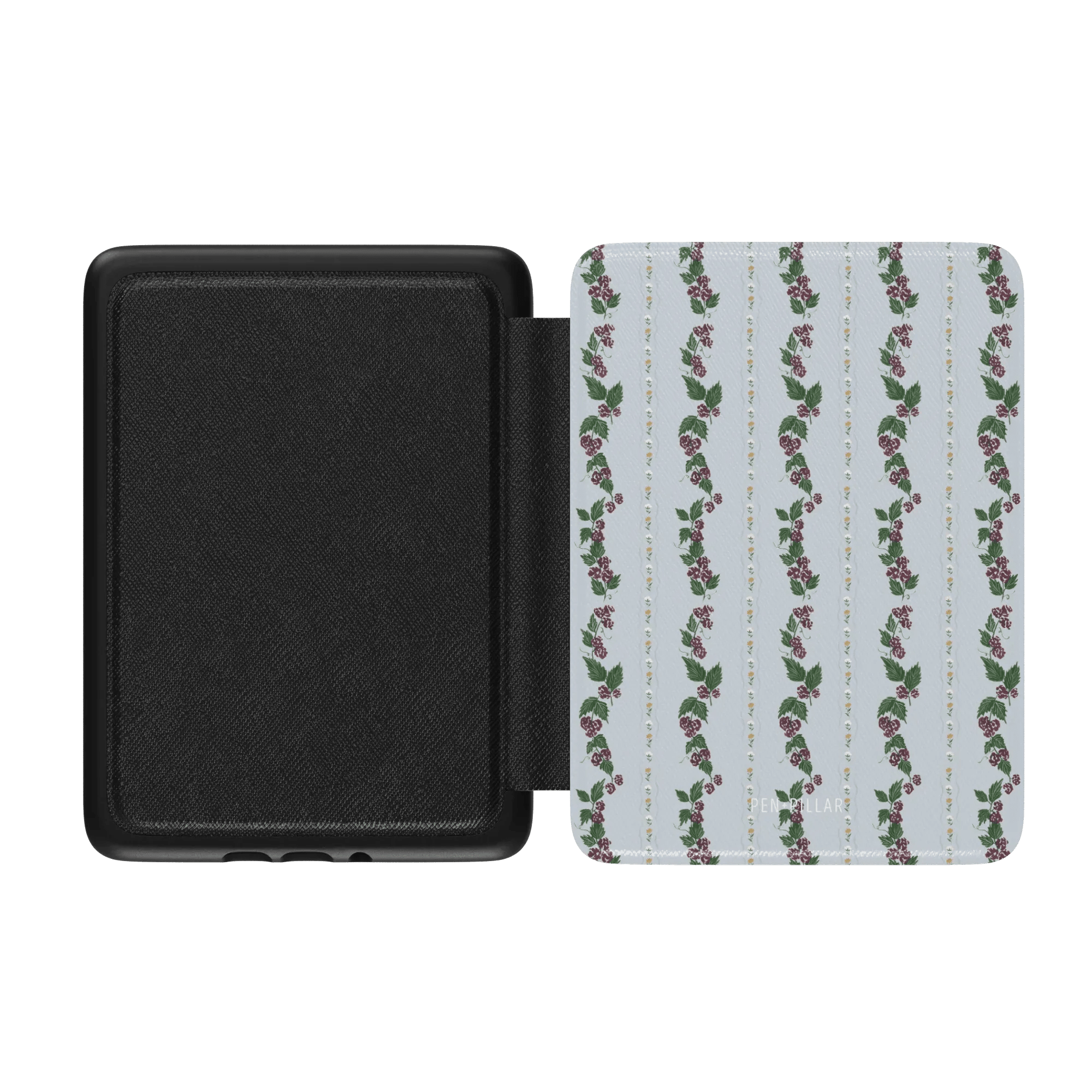 Blackberry Kindle case with a floral pattern on a light blue background and a black interior.