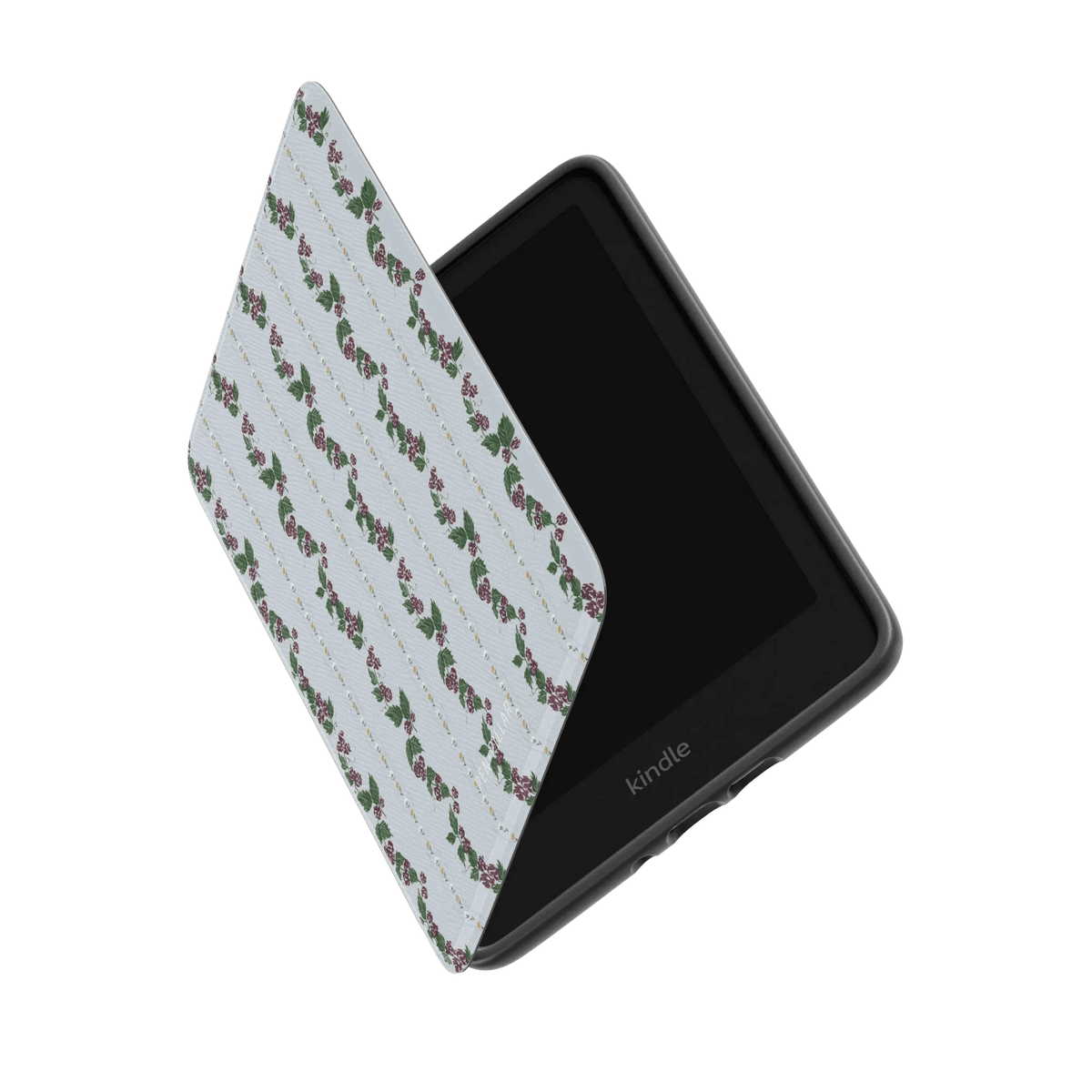 Blackberry Kindle case with floral pattern, open to display the screen and interior design.