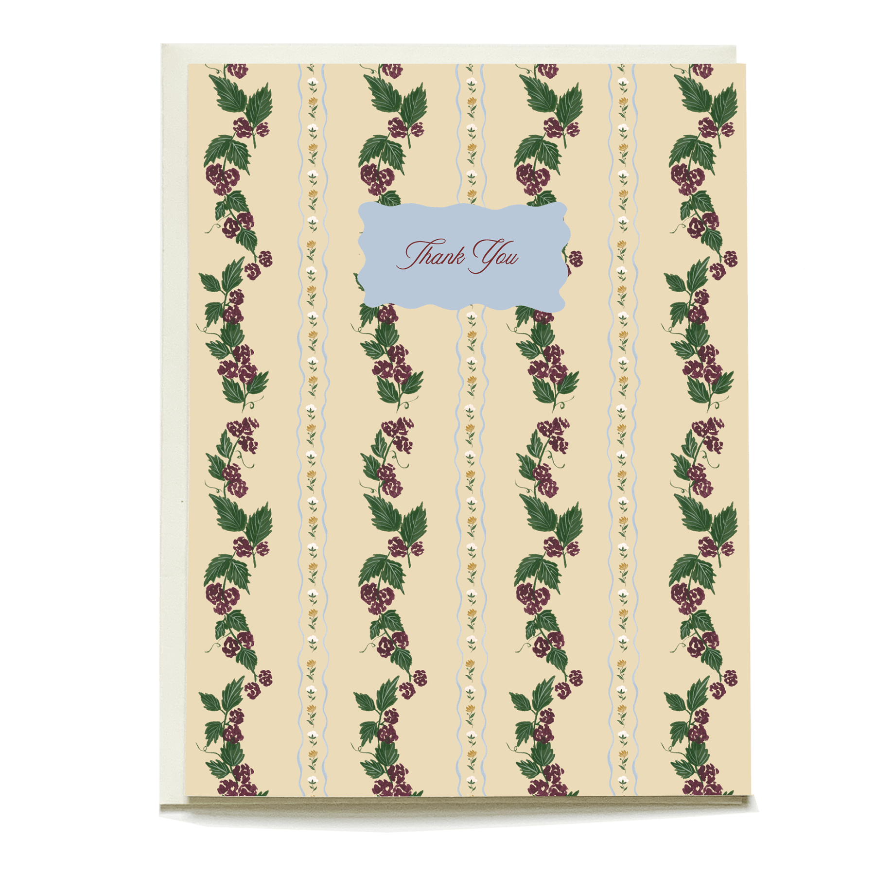 Blackberry thank you card featuring a cream background with blackberry vines and a decorative blue label.