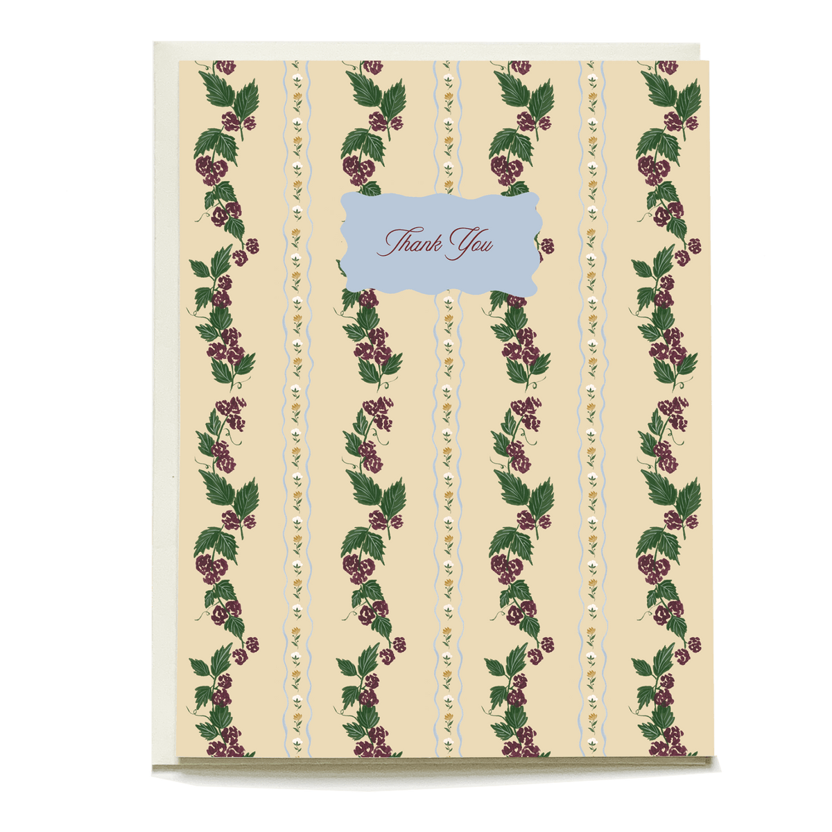 Blackberry thank you card featuring a cream background with blackberry vines and a decorative blue label.