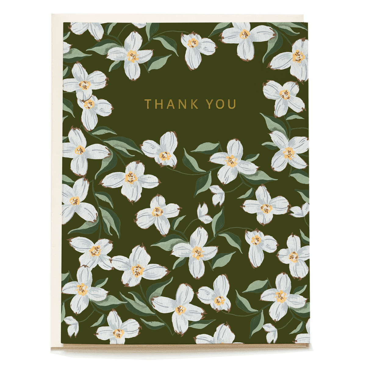 Blue Dogwood thank you card featuring white flowers on a dark green background with gold text.