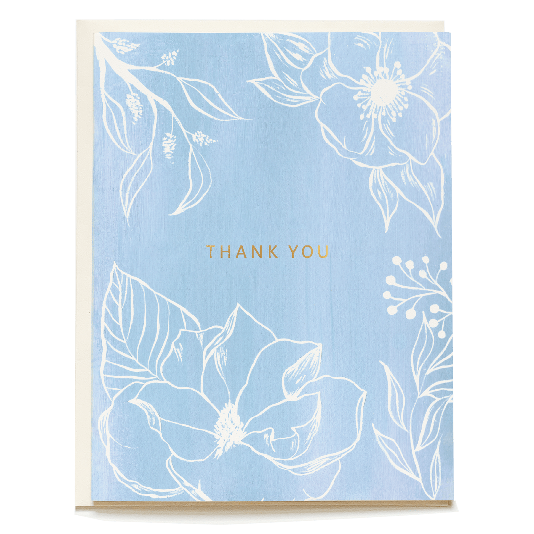 Blue floral thank you card featuring white flowers and gold text on a light blue background.