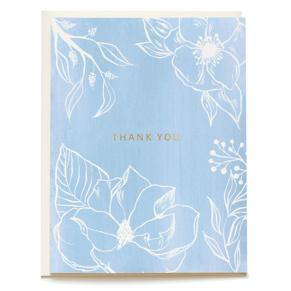 Blue floral thank you card featuring white flowers and gold text on a light blue background.