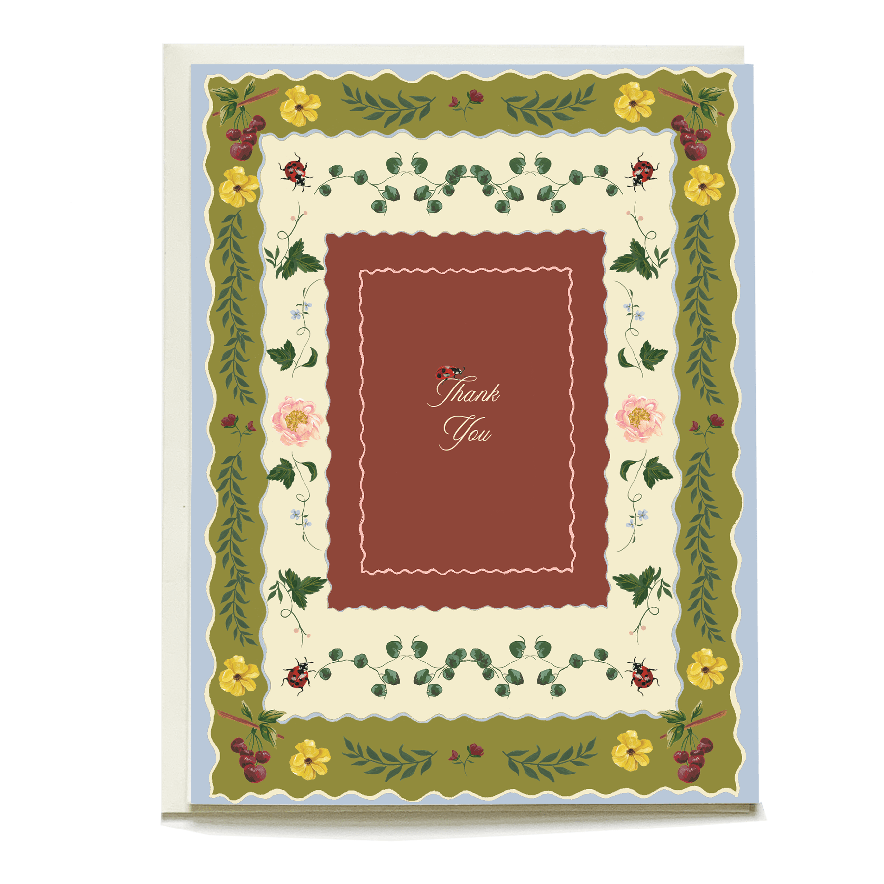 Briar thank you card featuring floral border with yellow flowers, green leaves, and a central brown rectangle with "Thank ...