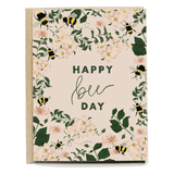 Bumblebee birthday card featuring floral designs with bees and the text "Happy bee day" in elegant script.
