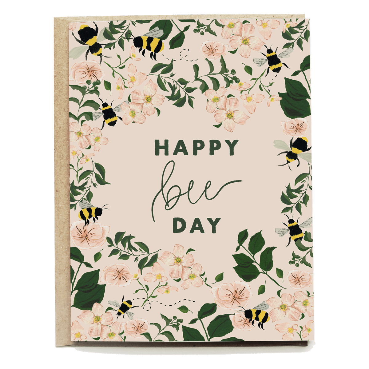 Bumblebee birthday card featuring floral designs with bees and the text "Happy bee day" in elegant script.