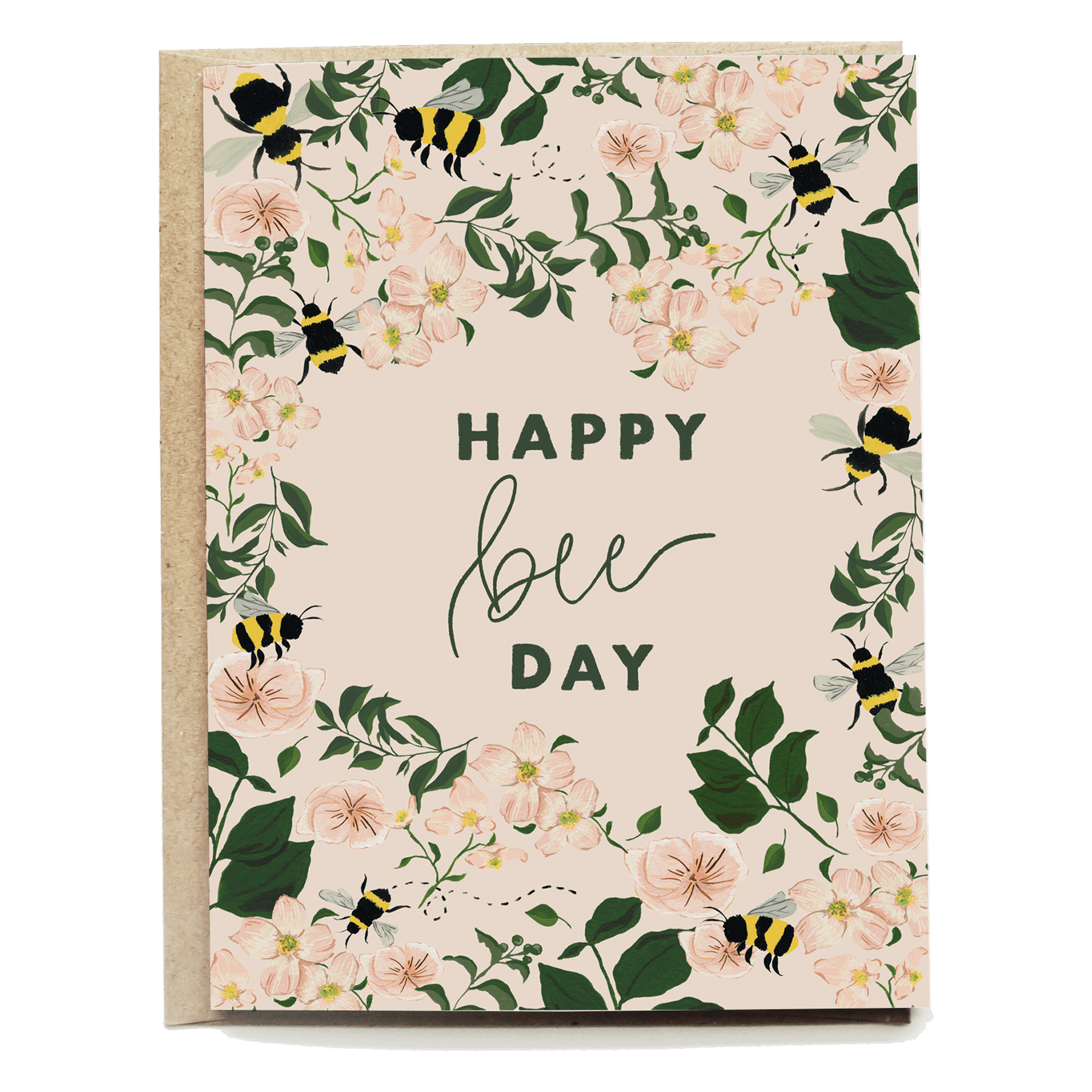 Bumblebee birthday card featuring floral designs with bees and the text "Happy bee day" in elegant script.