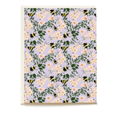 Bumblebee blank card featuring a floral pattern with pink flowers and black and yellow bumblebees on a lavender background.