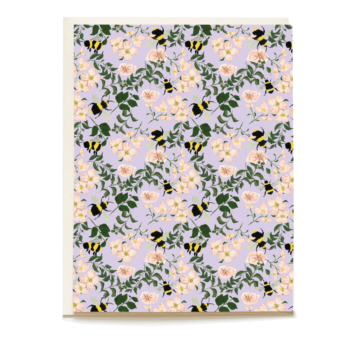 Bumblebee blank card featuring a floral pattern with pink flowers and black and yellow bumblebees on a lavender background.