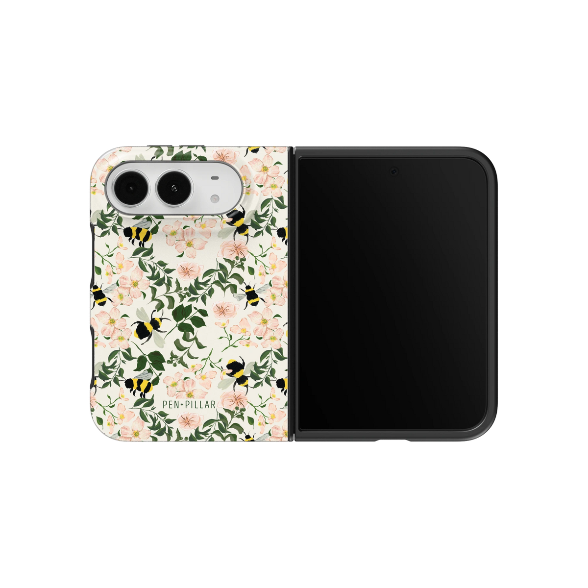 Bumblebee iPhone 18 Duo case on an unfolded iPhone 18 Duo, back and screen side by side: bumblebees among blush roses and green leaves on cream