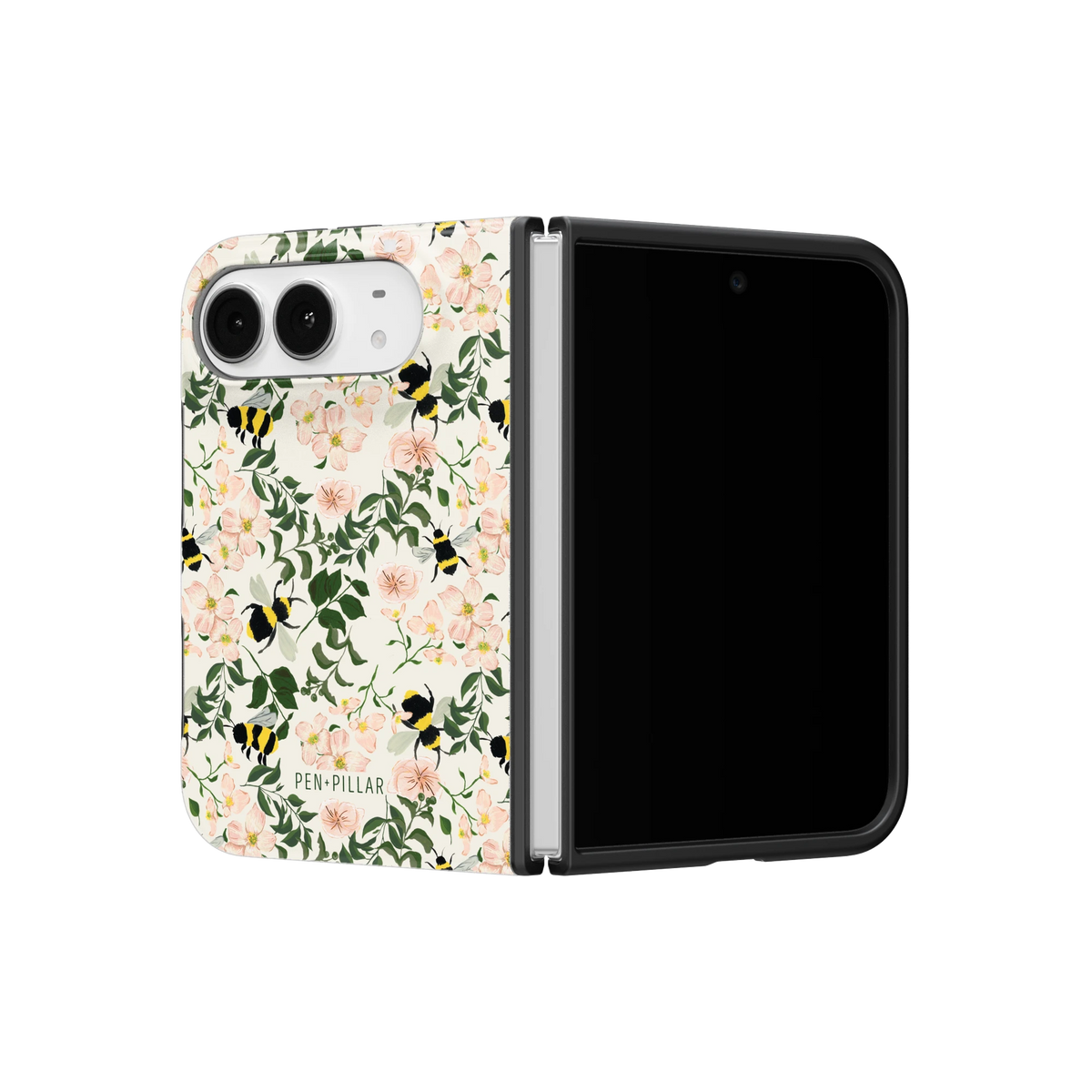 Bumblebee iPhone 18 Duo case on a half-open iPhone 18 Duo, angled view