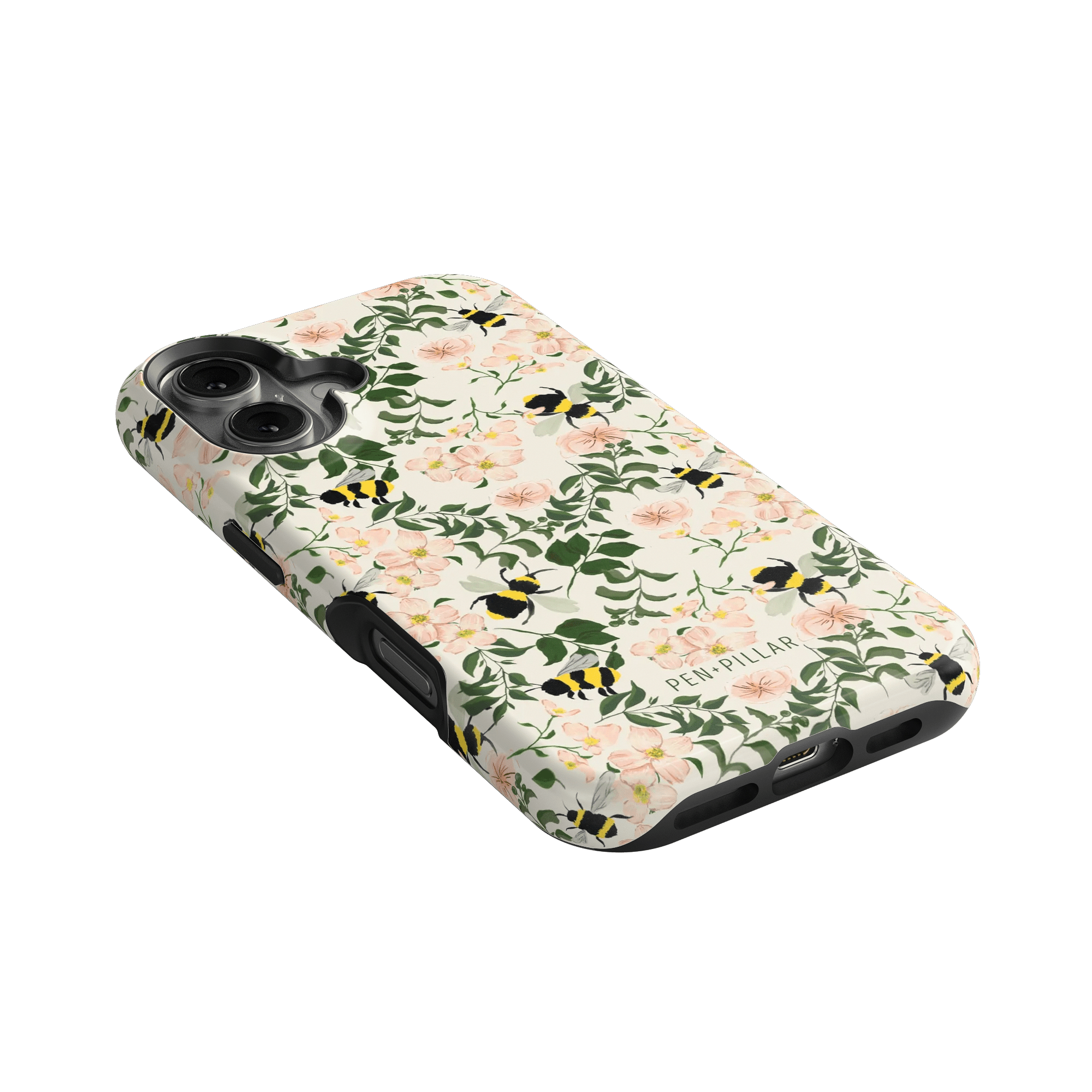 Bumblebee iPhone case featuring a floral design with bees on a light background, angled to show side buttons.