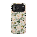 Bumblebee iPhone case featuring a floral design with pink flowers and black and yellow bumblebees on a light background.