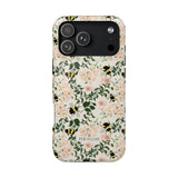 Bumblebee iPhone case featuring a floral design with pink flowers and black and yellow bumblebees on a light background.